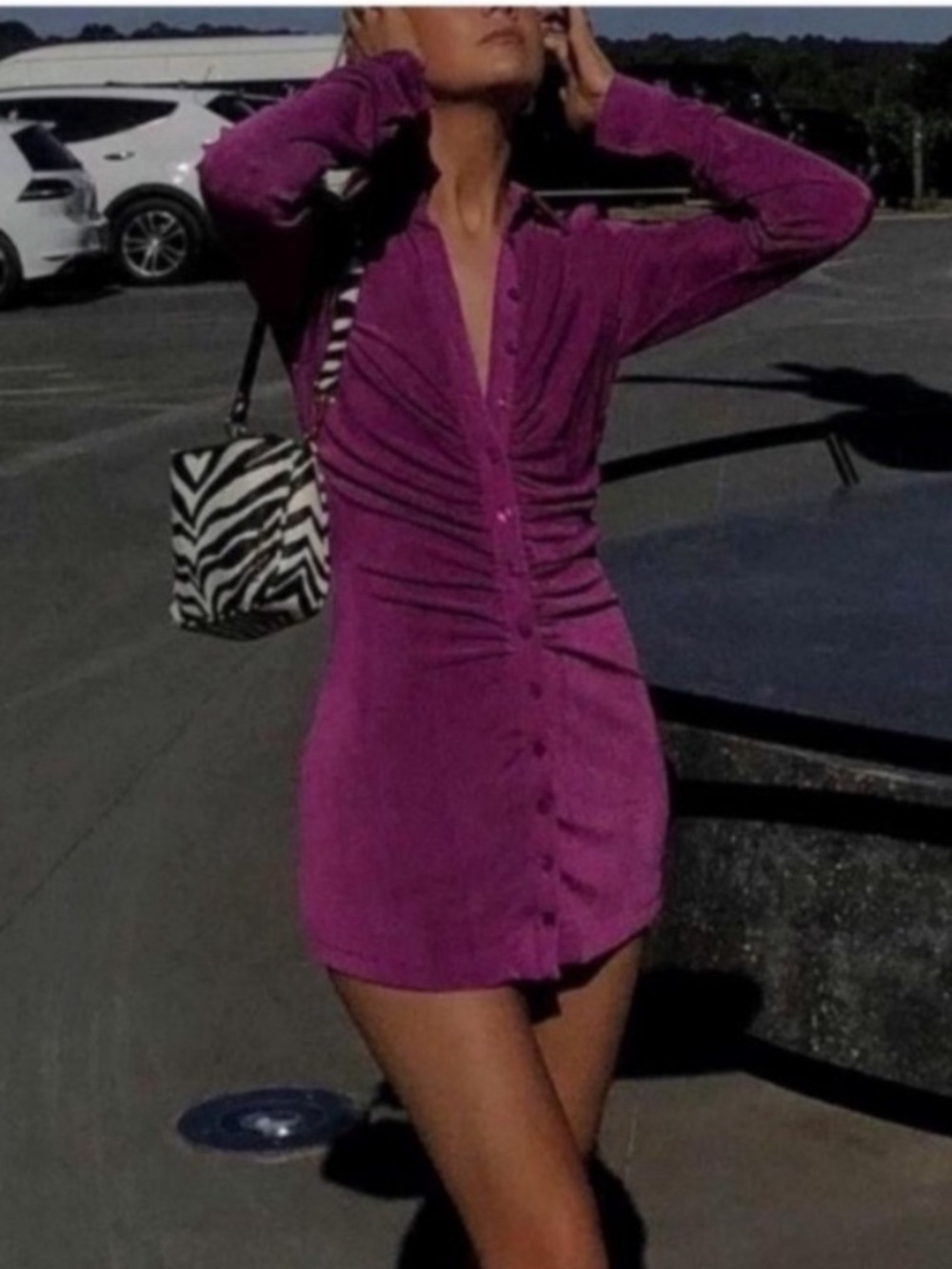 With Jean Plum Purple Button-Down Bodycon Ruched Mini Andy Dress NWT Size M